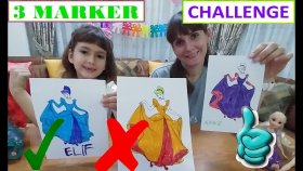 3 Marker Challenge, Disney Prensesler İle, With Dısney Prıncess, Sindirella, Ariel, Rapunzel